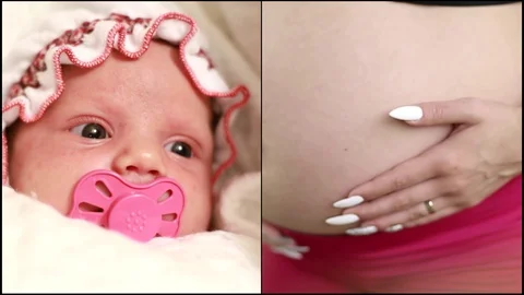 Split screen, pregnant mom and newborn Stock Video Pond5