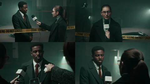 Split Screen of Press Interviewing Police Officer at Crime Scene Stock Footage 300197453