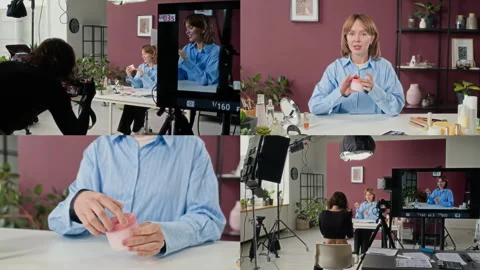 Split Screen of Production Studio Setup Filming Woman Doing Make-Up Commercial Video stock 305151812