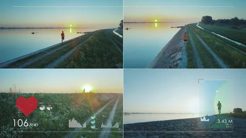 Split screen of professional runner's training session during an evening workout Stock Photos