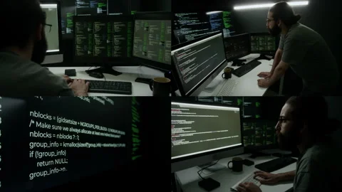 Split Screen of Programmer Writing Code and Analyzing Information at Night 스톡 동영상 302186644