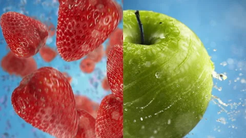 Split screen Raspberries falling down and Green apple spinning Stock Footage 252650324