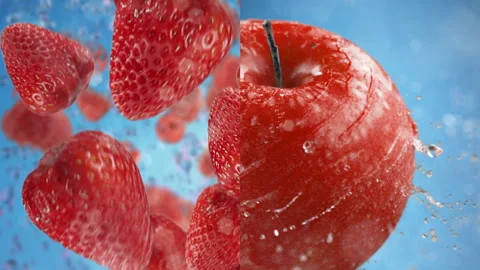 Split screen Raspberries falling down and red apple spinning Stock Footage 252650339