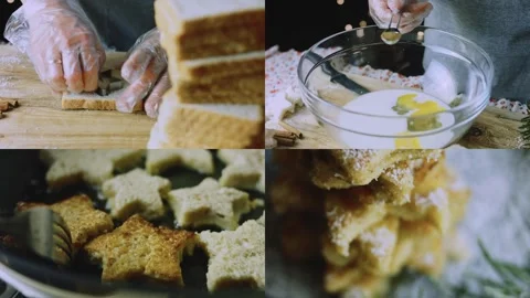 Split screen recipe showing cutting custard and golden toast Video stock 342128401