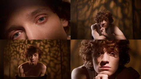 Split Screen of Red-Haired Young Man Opening Eyes and Sadly Looking at Camera Stock Footage 303621811