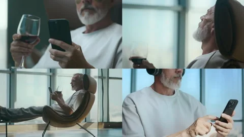 Split Screen of Relaxed Man Enjoying Domestic Routine with Wine and Smartphone 動画素材 290889496
