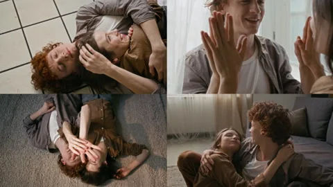 Split Screen of Romantic Couple Hugging on Floor and Holding Hands Video stock 307194603