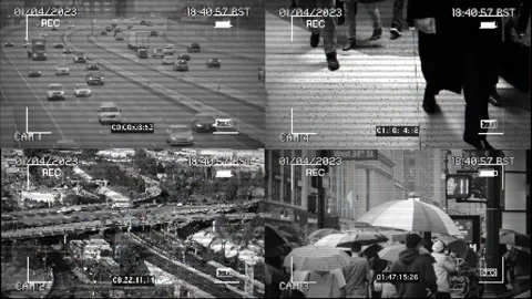 Split Screen Of Security Cameras Footage CCTV Surveillance Monitoring Stock Footage 240632086