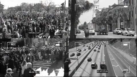 Split Screen Of Security Cameras Footage CCTV Surveillance Monitoring Stock Footage 240632093