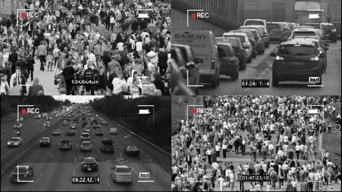 Split Screen Of Security Cameras Footage CCTV Surveillance Monitoring Stock Footage 240632094