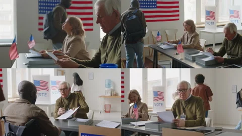 Split Screen of Senior Election Inspectors Serving Voters at Polling Place Video stock 278965860