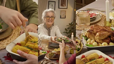 Split Screen of Senior Woman Sharing Food with Family at Festive Holiday Dinner Stock-Footage 347359732