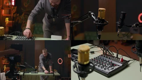 Split Screen of Setting Up Photo and Audio Equipment in Broadcasting Studio Video stock 294692105