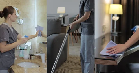 Split screen shot of cleaning room service in hotel. Hotel service Stock Footage 315109090