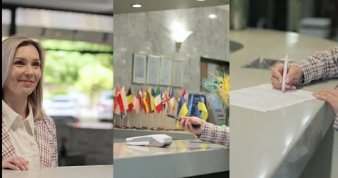 Split screen shot of Guest making contactless payment on terminal held by female Stock Footage 315111964