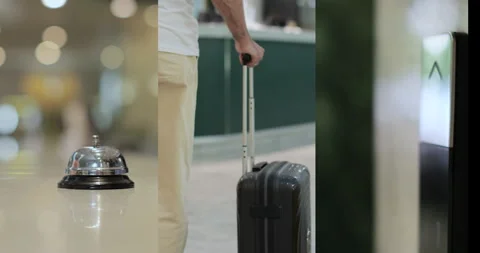 Split screen shot of man hands ringing call bell in hote Stock Footage 315110705
