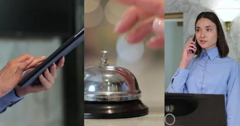 Split screen shot of woman, concierge and phone call with tablet for booking Stock Footage 315109797