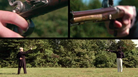 Split-screen shots of two men firing gunshots at one another, USA, 1800s - Reena Stock Footage 238864422