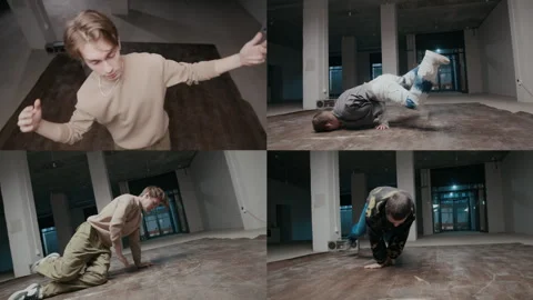 Split Screen of Skilled Male Zoomers Breakdancing Indoors Video stock 300835237