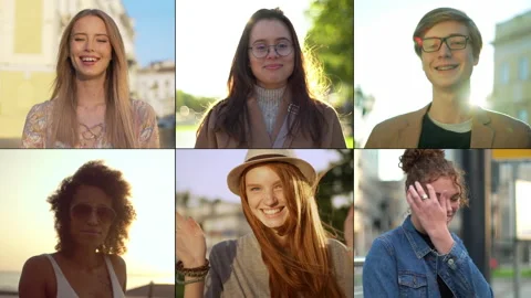 Split screen of smiling happy young people, men and women, university students Stock Footage 138588059