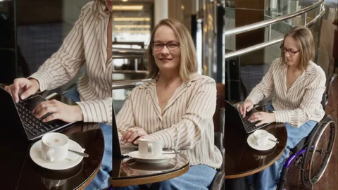 Split Screen of of Smiling Woman with Disability Working on Laptop in Cafe 스톡 동영상 343782626