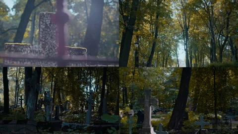 Split Screen of Somber Old Cemetery with Weathered Gravestones on Autumn Day 動画素材 289506180