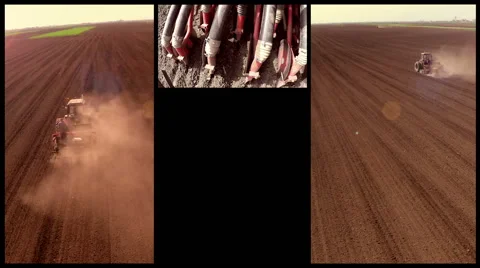 Split screen of sowing peas in the spring. Combination of aerial/ground footage. Stock Footage 68188260