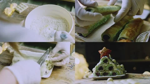 Split screen story of dough baking slicing and serving Video stock 342129871