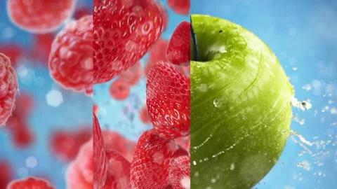 Split screen strawberries raspberries and apple falling down Video stock 252672342