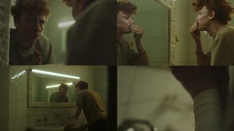 Split Screen of Stressed Young Man Washing Face in Public Bathroom Stock Footage 284616545
