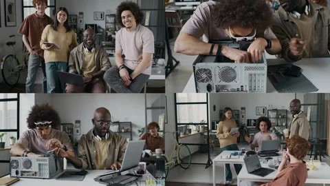 Split Screen of Team of Four Multi-Ethnic Young Programmers Working in Office Stock Footage 299685737