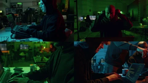 Split Screen of Three Computer Criminals Stealing Files of Program Products Stock Footage 299685386
