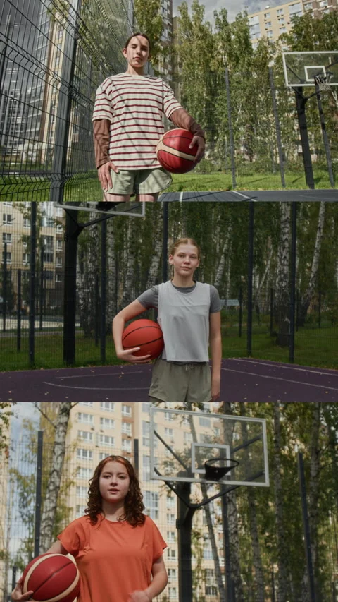 Split Screen Three Female Basketball Players Outdoors Vertical Stock Footage 332250572