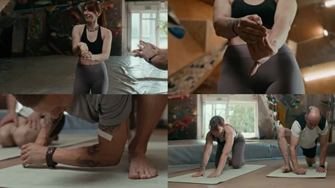 Split Screen of Three Fit People Warming Up in Climbing Center Indoors Stock Footage 291677113