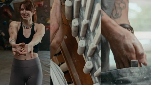 Split Screen of Three Fit People Preparing for Indoor Wall Climbing Stock Footage 292062419