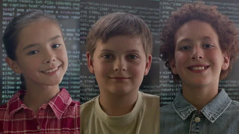 Split Screen of Three Pupils Looking at Camera against Interactive Screen Stock Footage 316476153