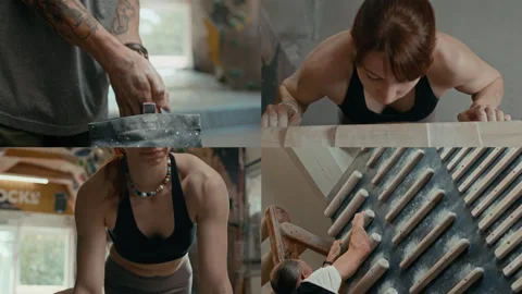 Split Screen of Three Sporty People Exercising in Climbing Center Indoors Stock Footage 291677865