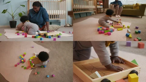 Split Screen of Toddler Playing with Toys, Sitting on Floor with her Mother Stock Footage 302814160