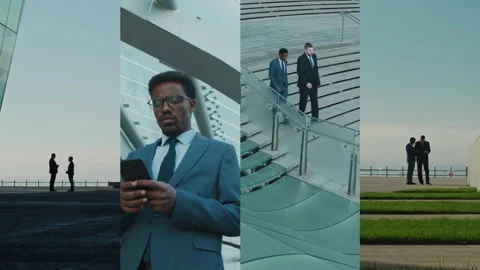 Split Screen of Two Businessmen Talking About Job, Making Agreements and Texting Stock Footage 303624529