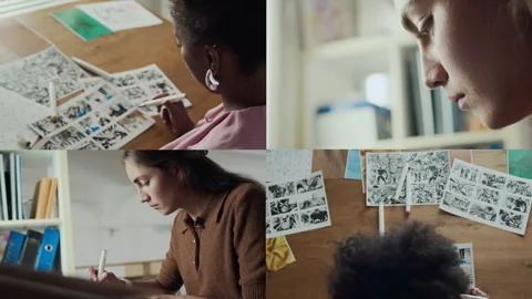Split Screen of Two Female Storyboard Artists Drawing in Creative Workspace Video stock 292736217