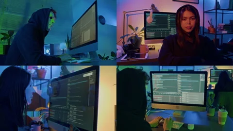 Split Screen of Two Gen Z Cyber Thieves Stealing Financial Data of IT Company Stock Footage 299685728