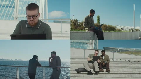 Split Screen of Two Young Male Programmers Working Together on Laptops Outdoors Video stock 303624875