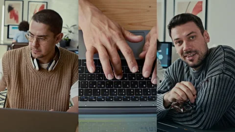 Split Screen of Unrecognizable Hands Typing, Men Working on Laptops in Office Video stock 302372362