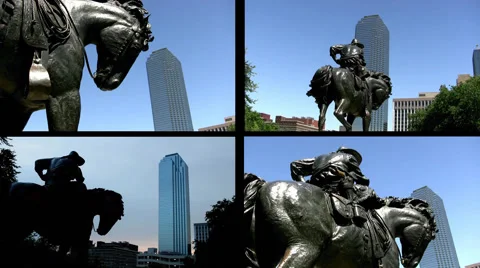 Split Screen Video: Bronze Cowboy with Dallas Skyscraper and blue sky Video stock 44746389