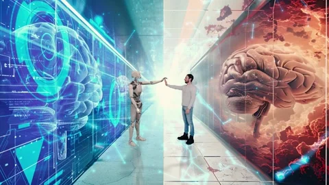 Split-screen video of a corridor with android robot and digital brain on left Video stock 276139081