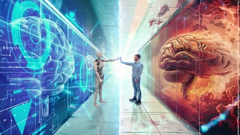 Split-screen video of a corridor with android robot and digital brain on left 動画素材 276810312