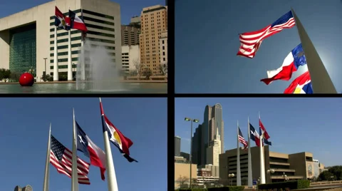Split Screen Video: Multi Panel View of Dallas City Hall and Three Flags Video stock 44744855