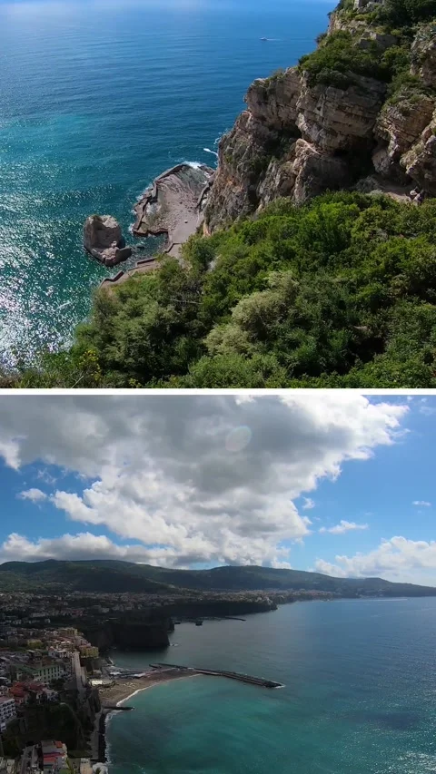Split screen video showing Mediterranean coastline with cliffs, turquoise sea an Stock Footage 325057251