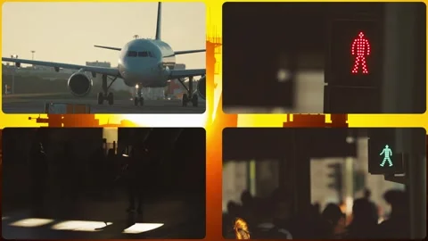 Split screen view of airplane travel and urban life Vídeo Stock 347214766