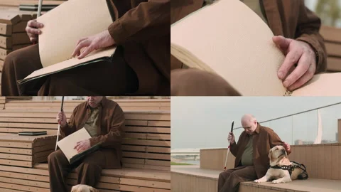 Split Screen of Visually Impaired Man Reading Braille Book and Petting Dog 動画素材 295745785